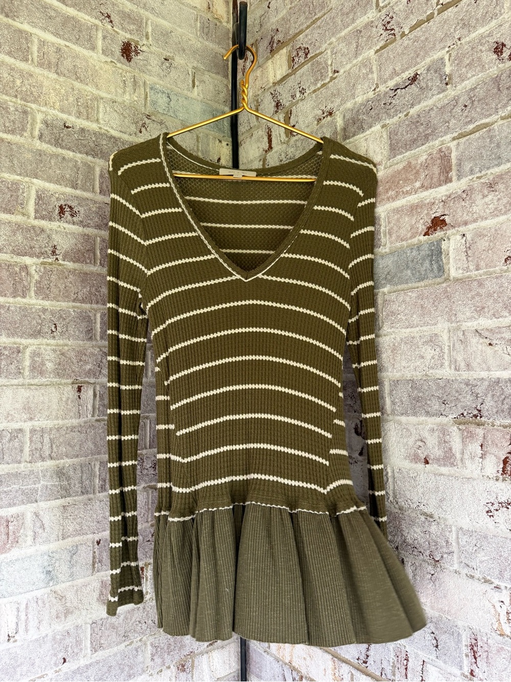 eri + ali Olive and Cream Striped Waffle Knit Top